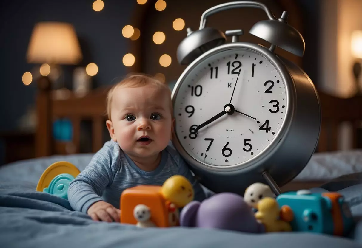 An 11-month-old's bedtime dilemma. A clock showing evening hours. A baby's crib with toys and a tired parent