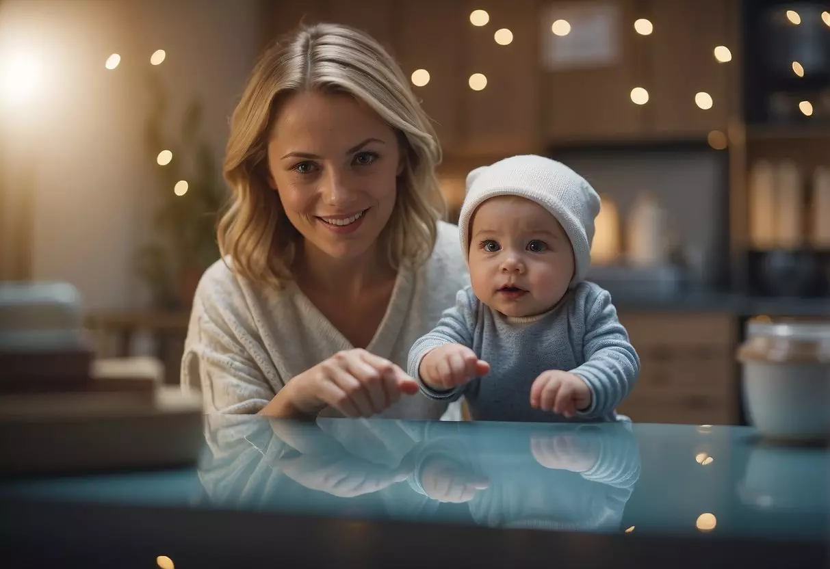 A baby points to objects while a caregiver names them