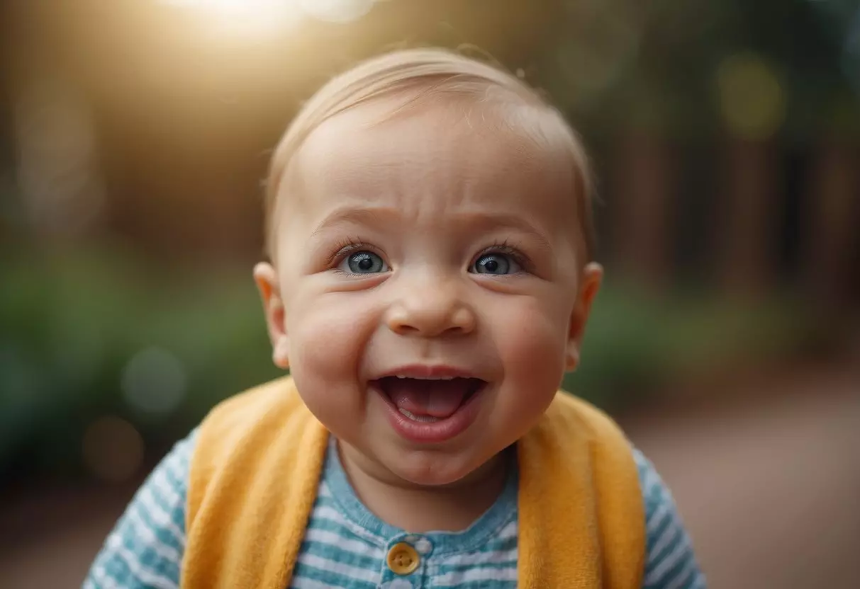 A baby smiles, tongue sticking out slightly. Research title displayed: 