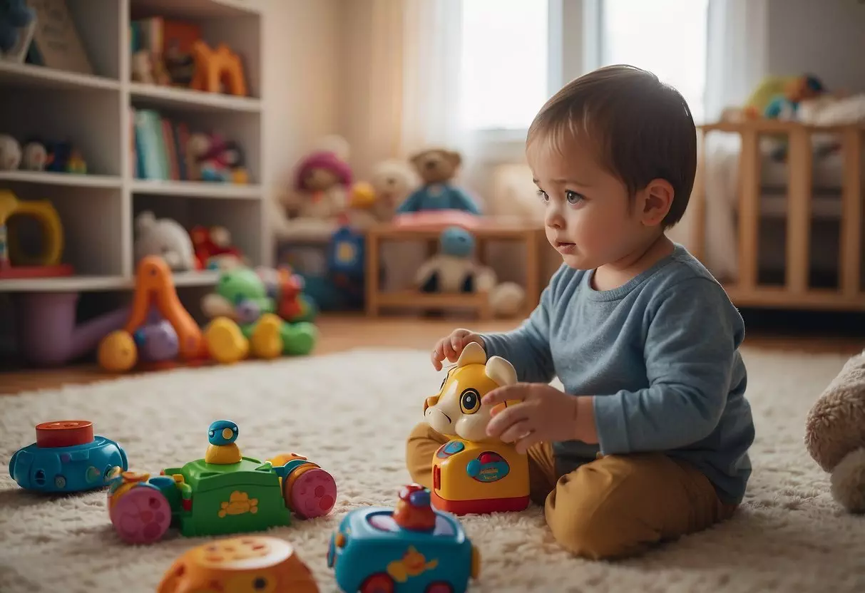 Children's toys and books surround a child's bedroom. A small child looks up at their parents with wide eyes, asking, 