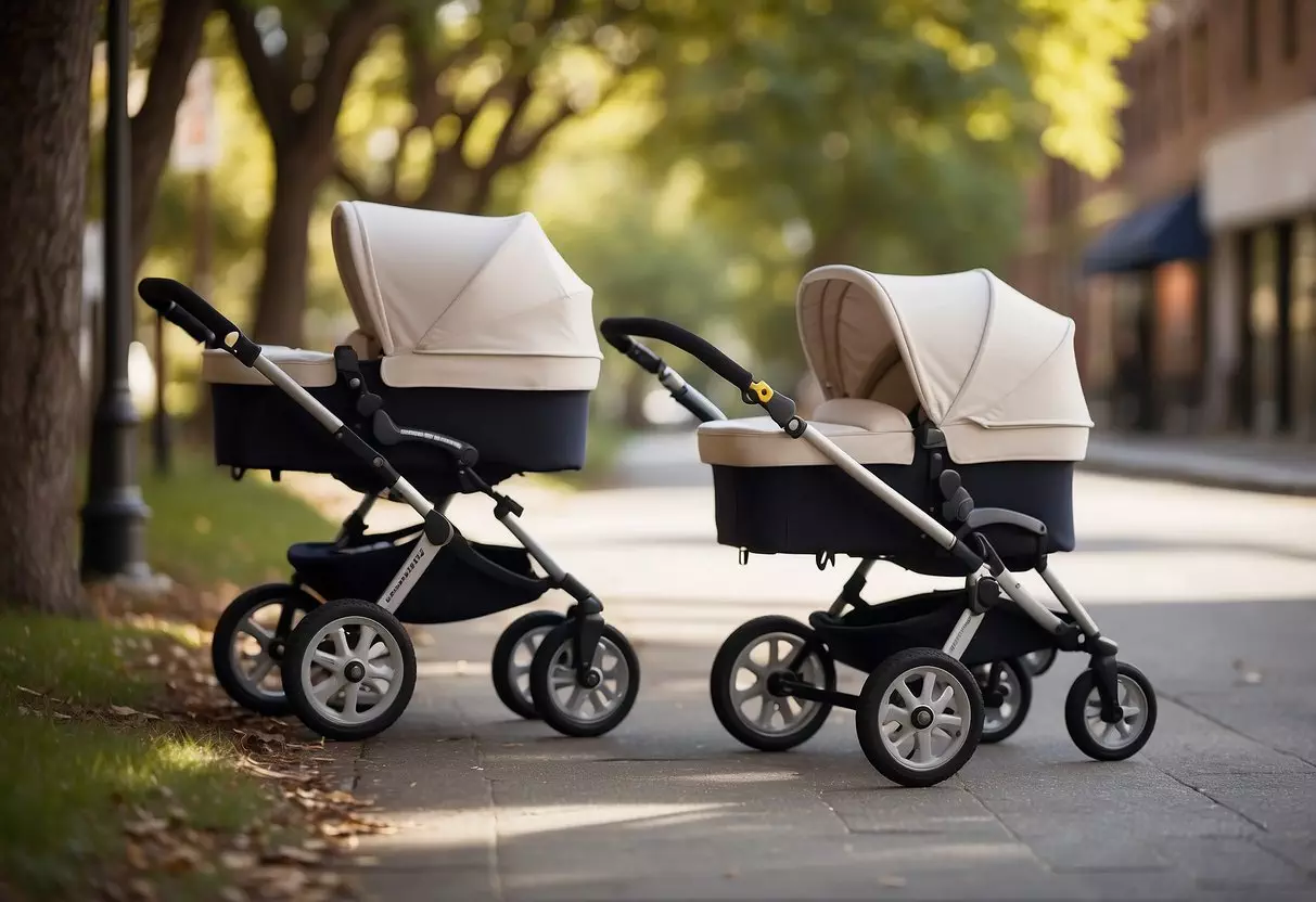 Two baby carriages side by side, one with a sign reading 