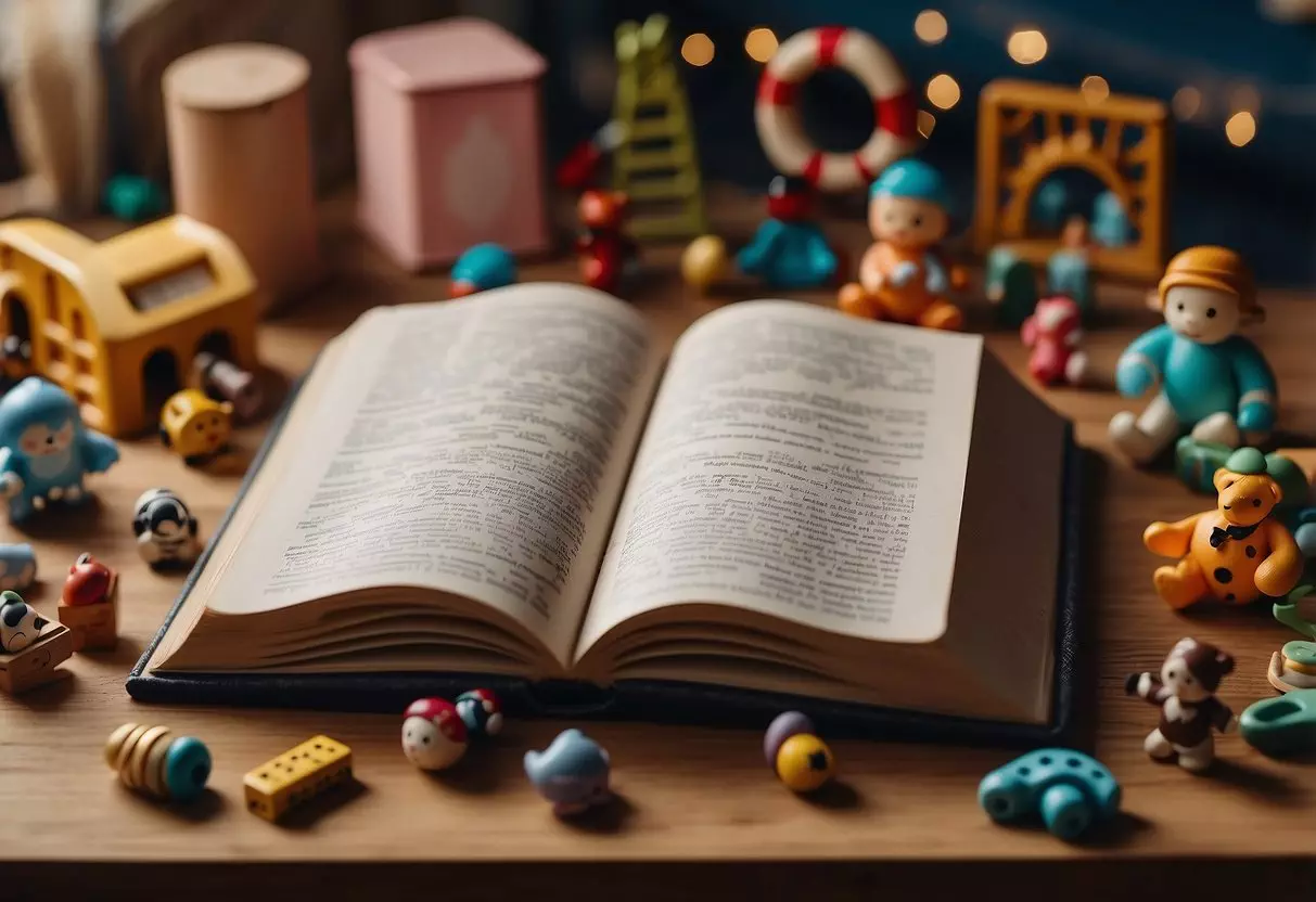 An open book with colorful illustrations on one side and a list of words on the other, surrounded by toys and a baby's play area