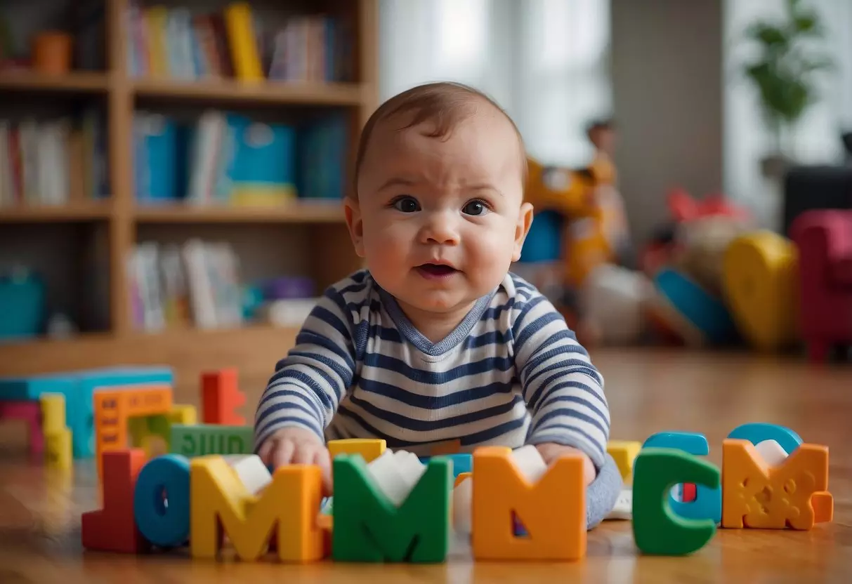 An 8-month-old baby babbles and coos, attempting to form words. Toys and books surround the child, creating a playful and stimulating environment for language development