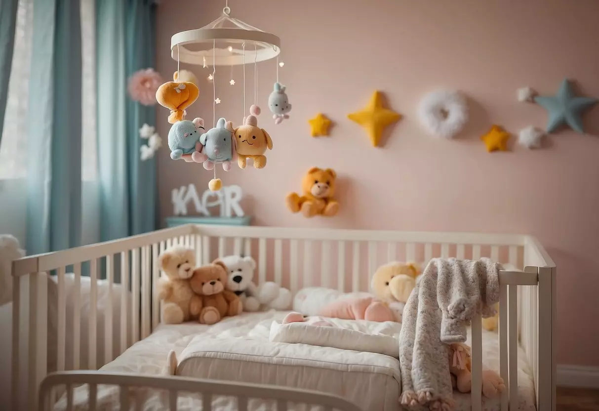 A smiling baby mobile hangs above a crib, surrounded by soft pastel-colored walls and plush toys. A calendar on the wall marks the due date