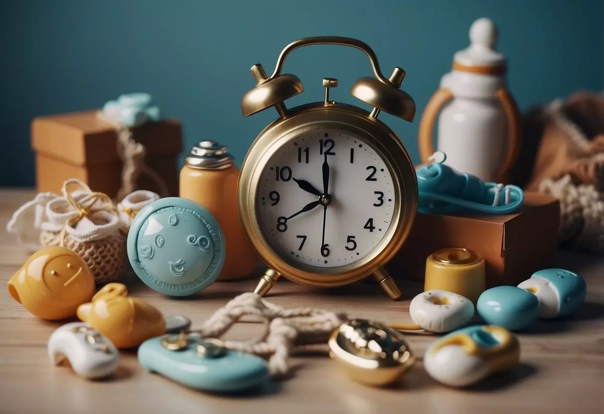 A clock with hands pointing at 22, surrounded by baby items like a pacifier, bottle, and baby shoes