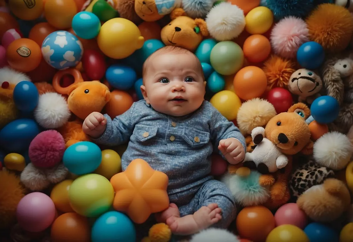 A baby lies on a soft, padded surface, surrounded by colorful toys. The baby is positioned on their back, with their arms and legs moving as they attempt to roll over onto their stomach