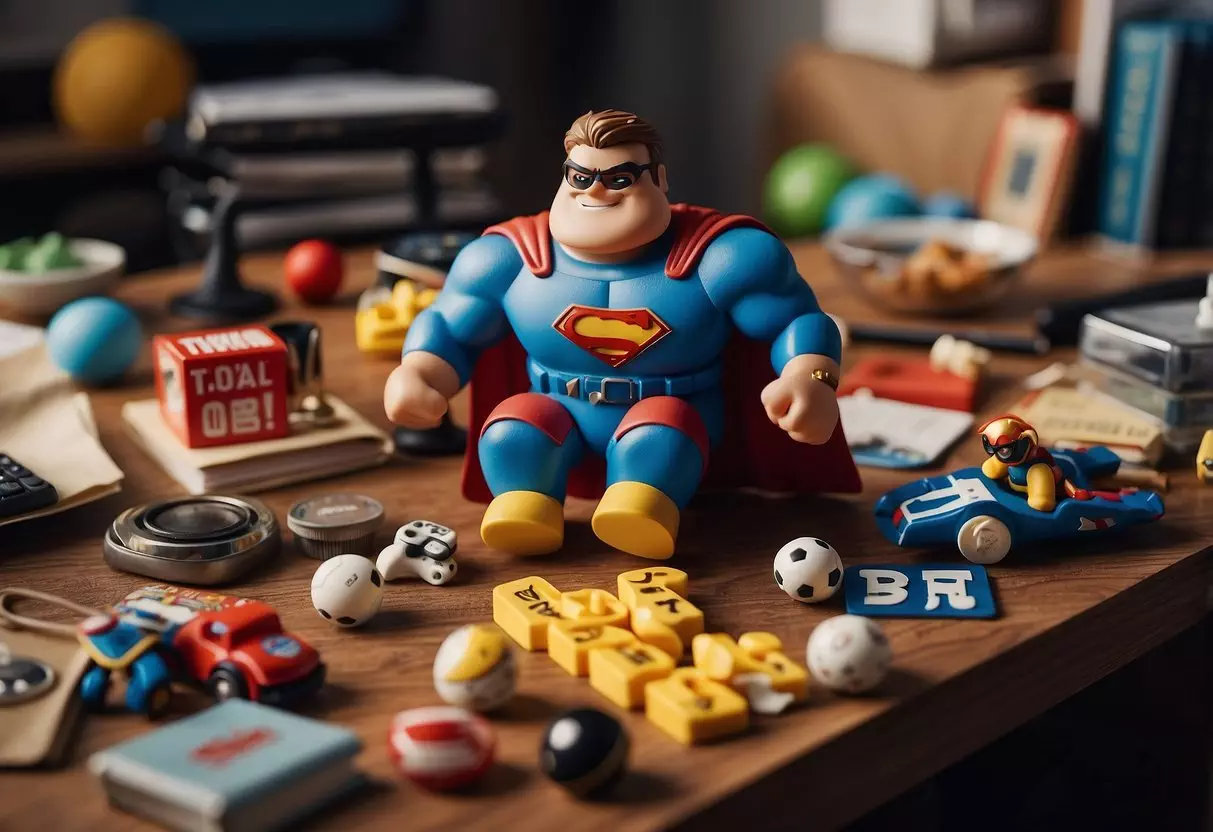 A cluttered desk with scattered toys and a half-eaten snack. A calendar with marked dates for sports and activities. A poster of a superhero with the caption 