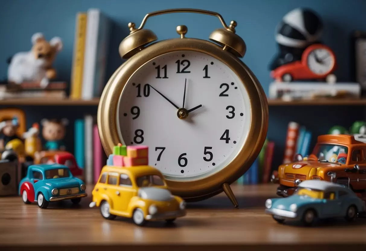 A clock set at 32, surrounded by toys and books, with a child's chair and table in the background