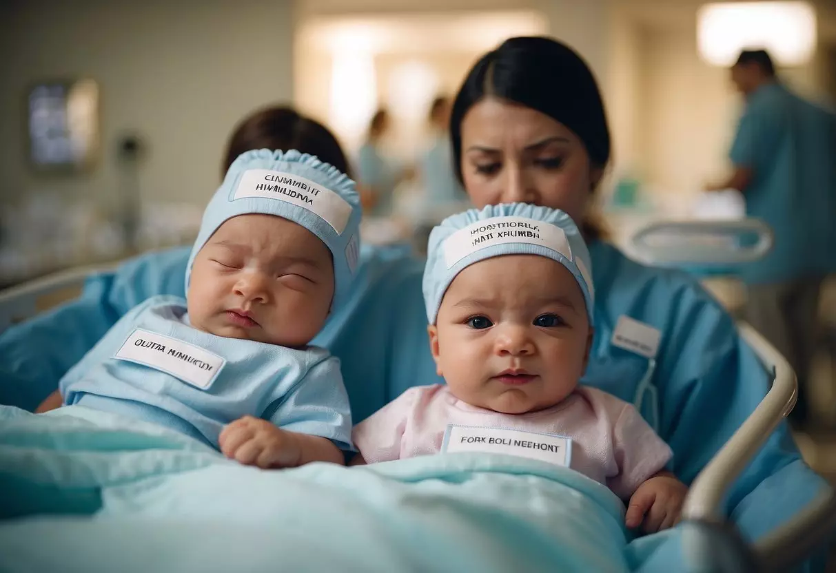 Two hospital bassinets labeled with baby name tags, surrounded by nurses and anxious parents, creating a tense atmosphere