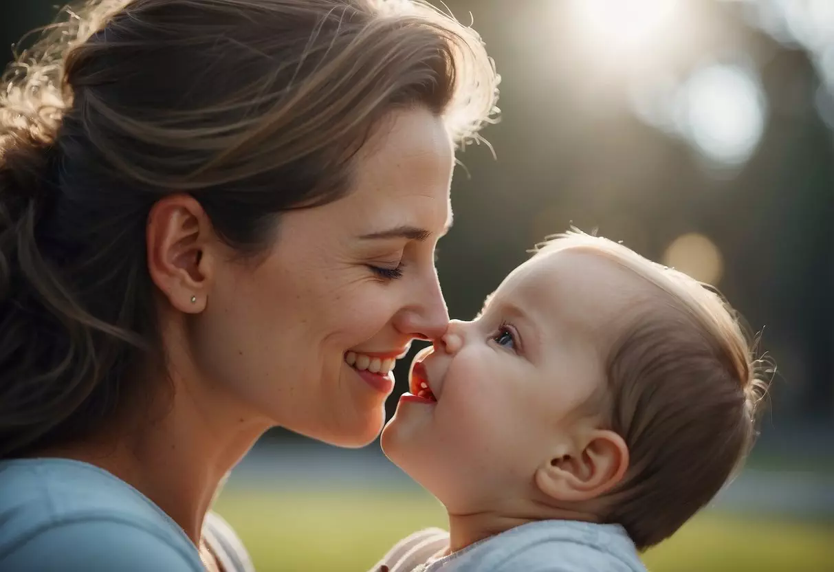 A baby smiles at a gentle kiss from its mother