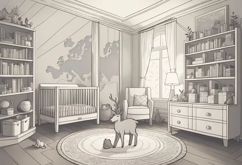 A cozy nursery with a bookshelf filled with Nordic baby name books, a map of Scandinavia on the wall, and a plush reindeer toy on the floor