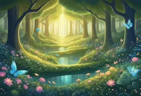 Glowing forest with sparkling flowers, butterflies, and tiny creatures whispering fairy baby names in a magical, ethereal atmosphere